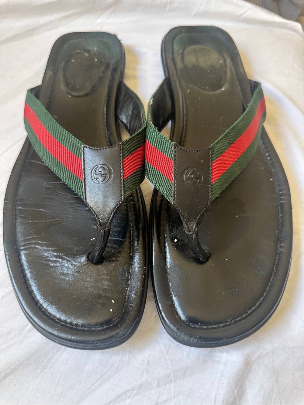 Gucci GG Web Green Red Stripe Leather Thong Men’s Sandals/Slides Size US 13